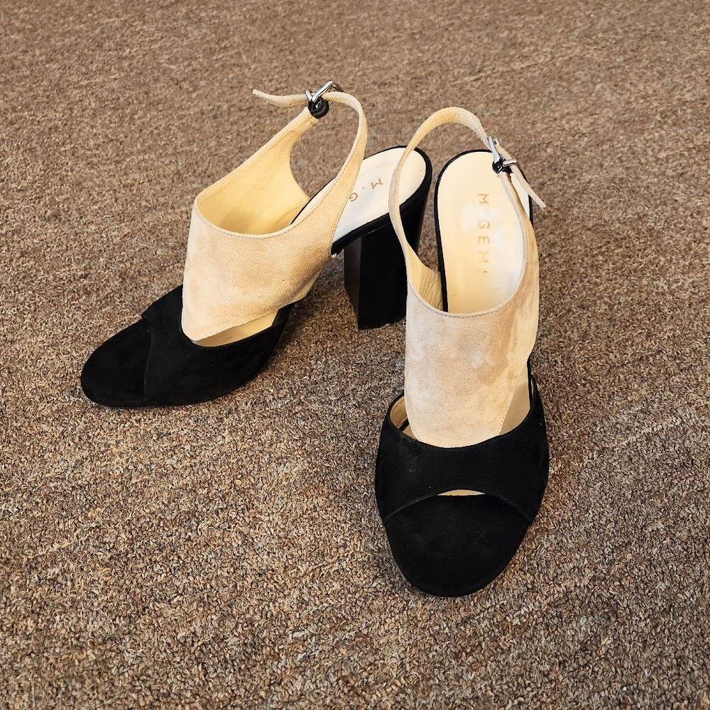 M. Gemi Black & Cream Leather Block Heel Sandals | Size 6.5
